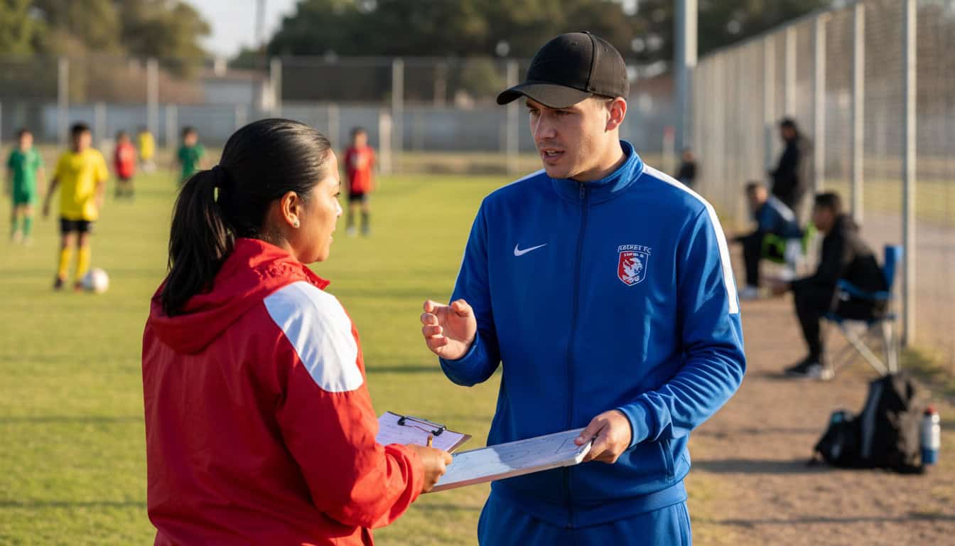 Youth football coach talking with opposing team manager on sideline
