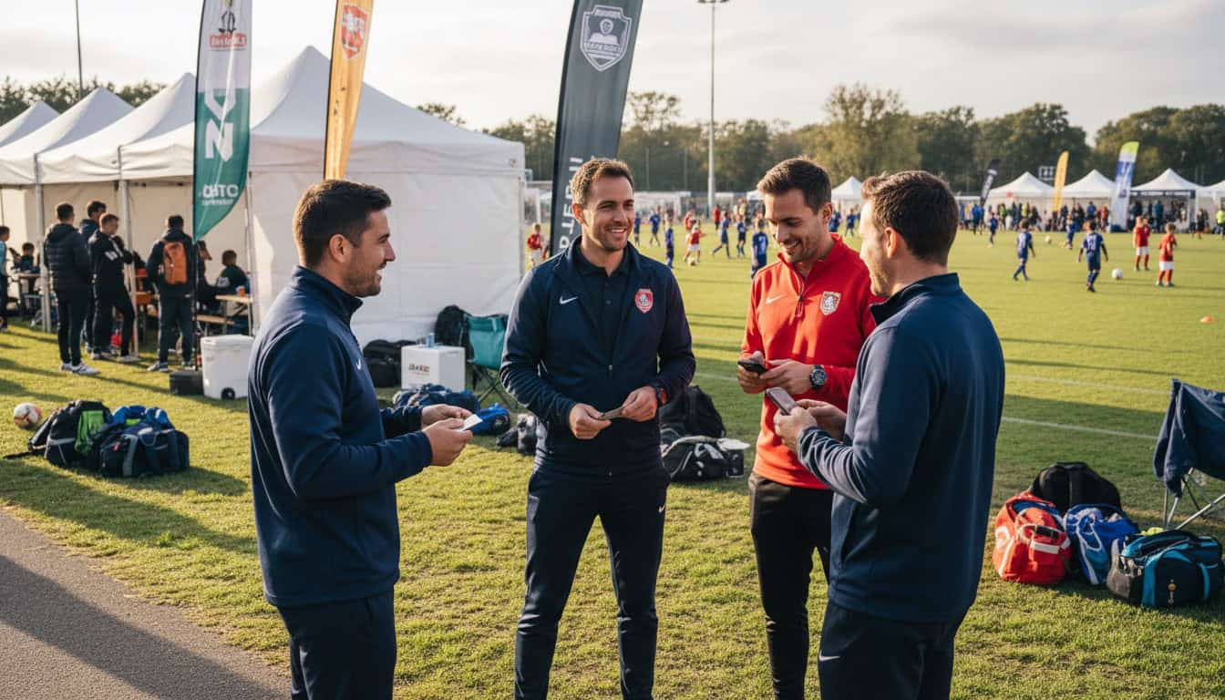 Football coaches and team managers networking at local tournament