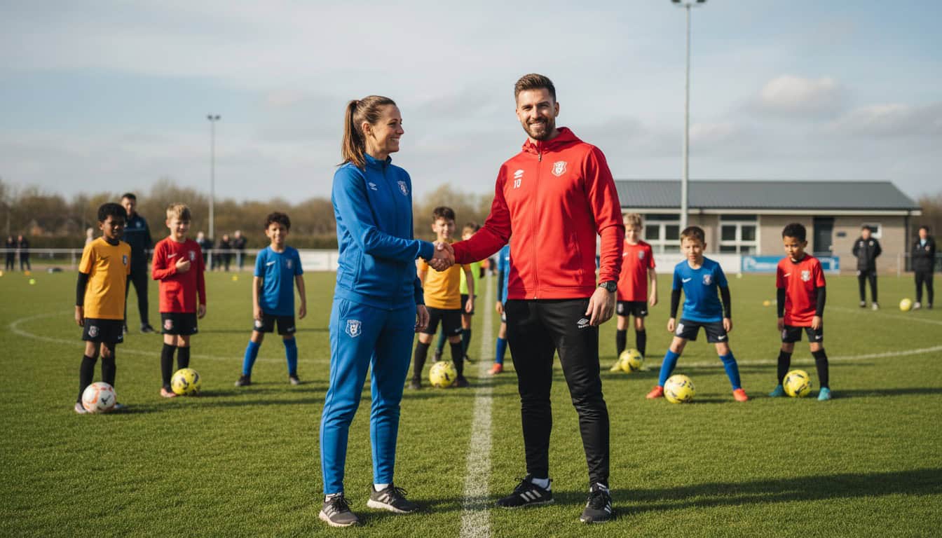 Two football team managers shaking hands before youth friendly match