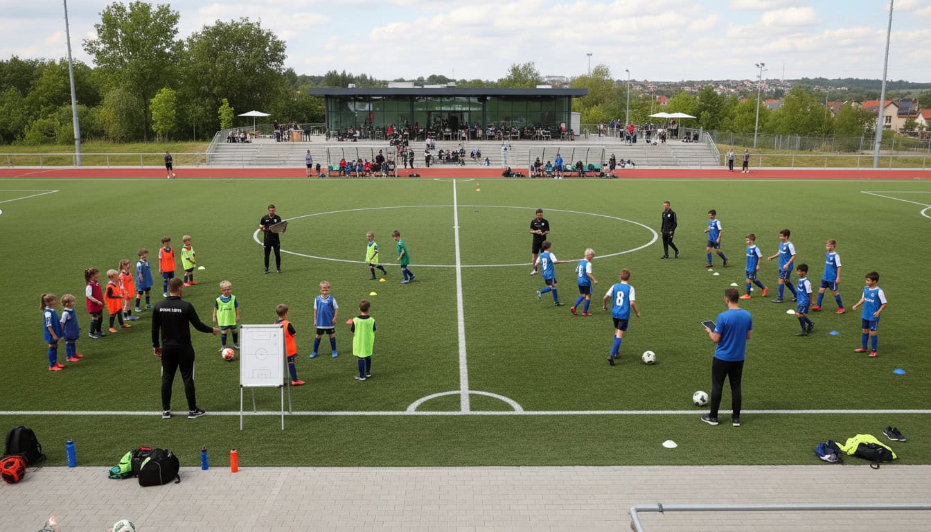 Multiple youth age groups training on adjacent pitches with coaches managing different sessions
