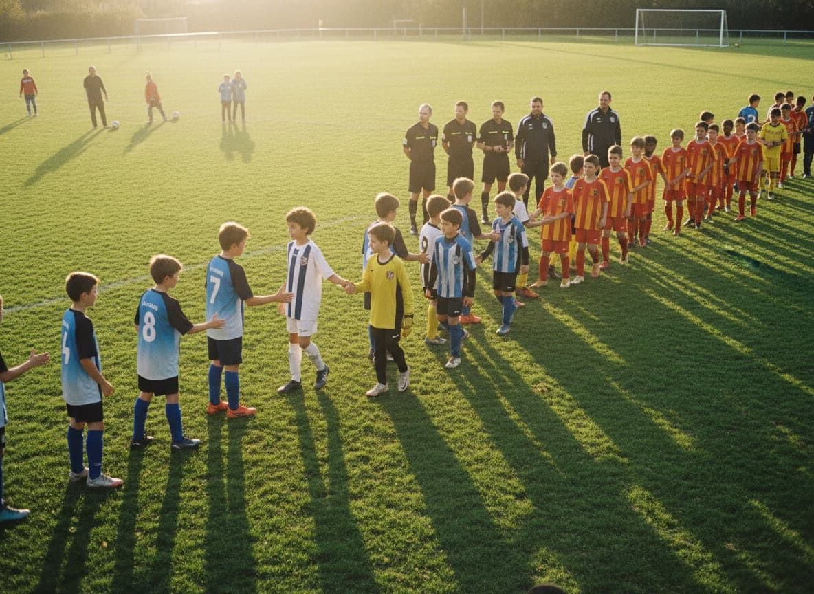 Youth football teams shaking hands after a friendly match