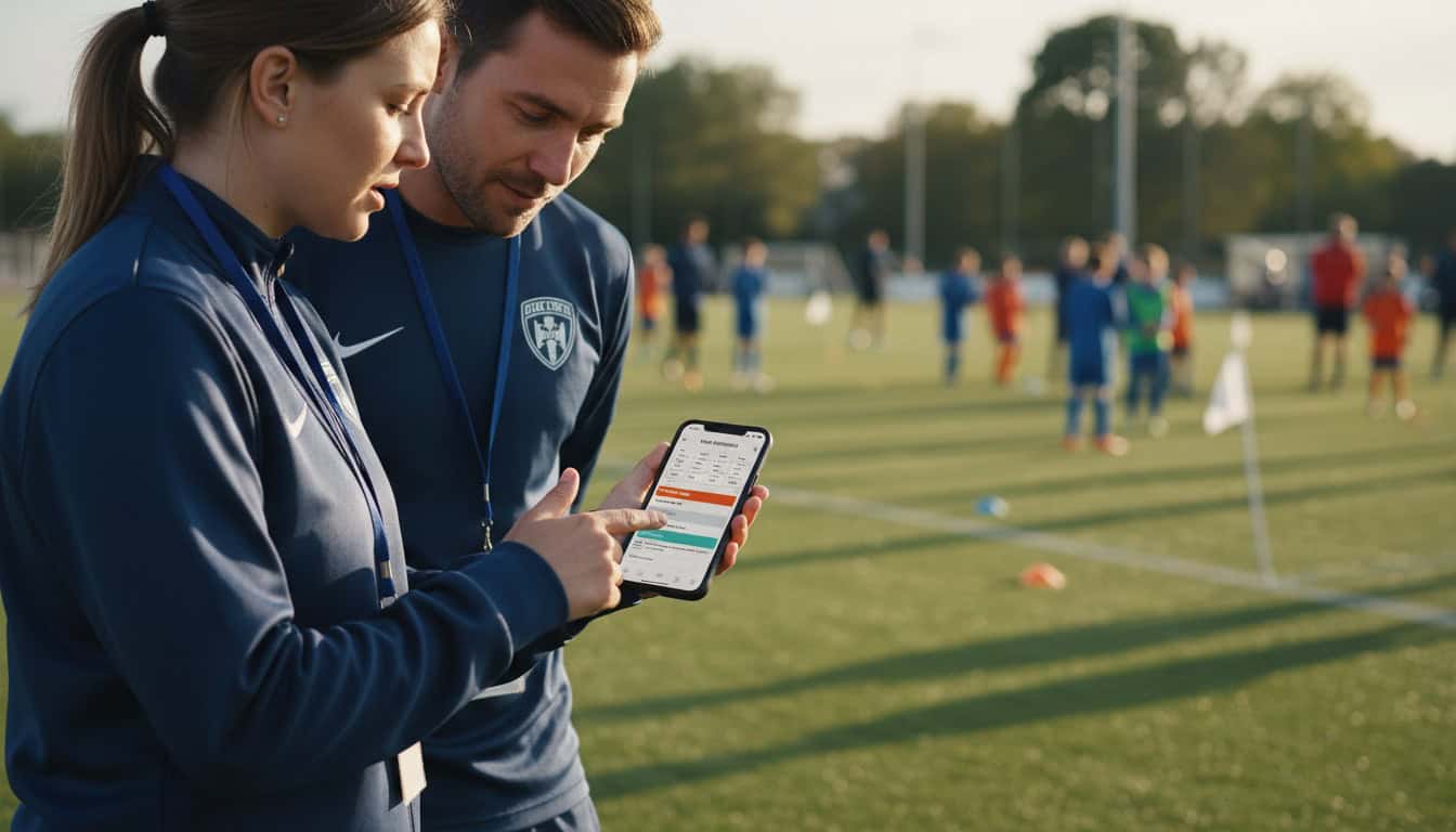 Manager showing scheduling app on phone to assistant coach with youth training session in background