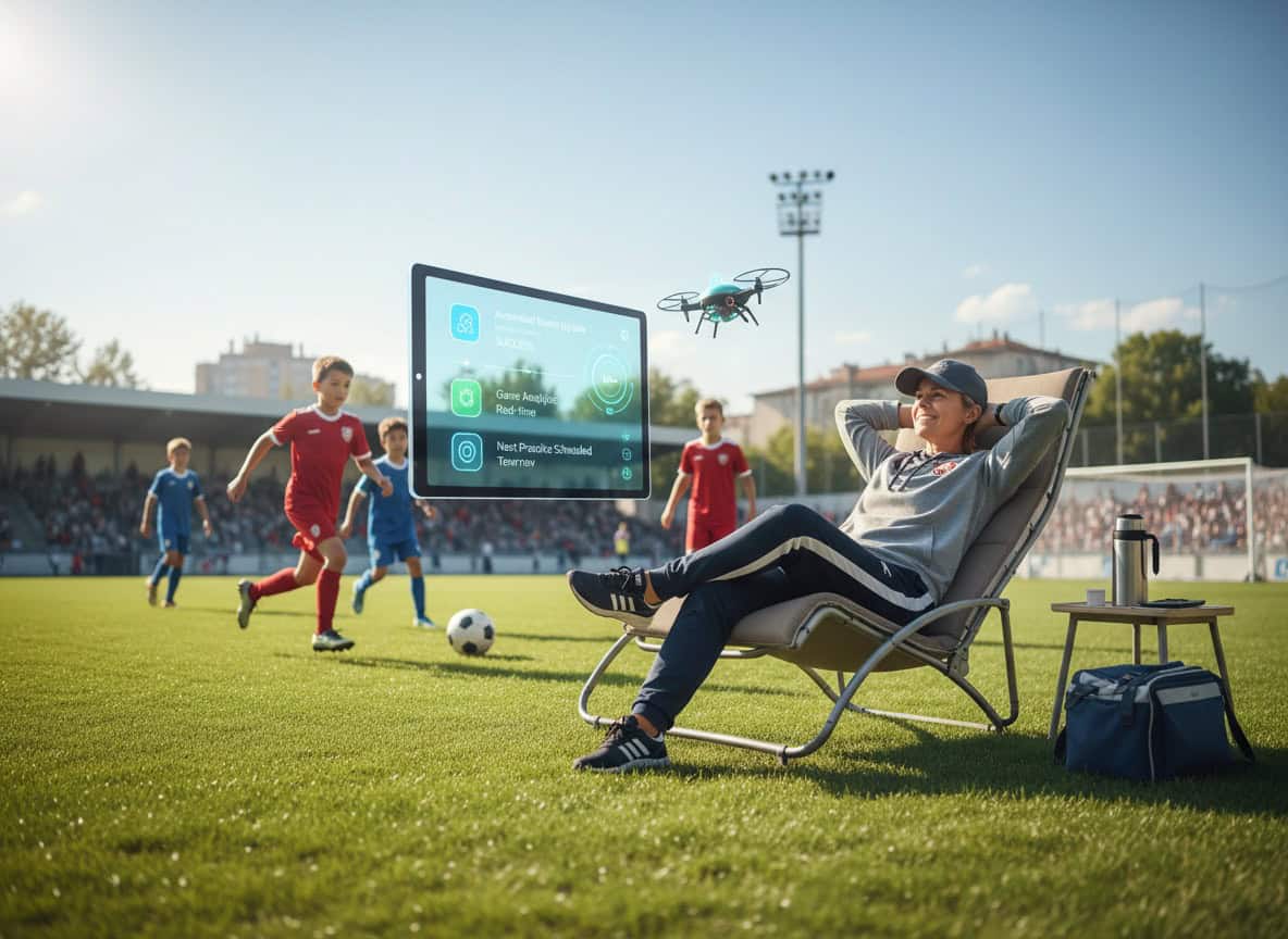 Coach relaxed on sideline while automated notifications handle admin during youth match