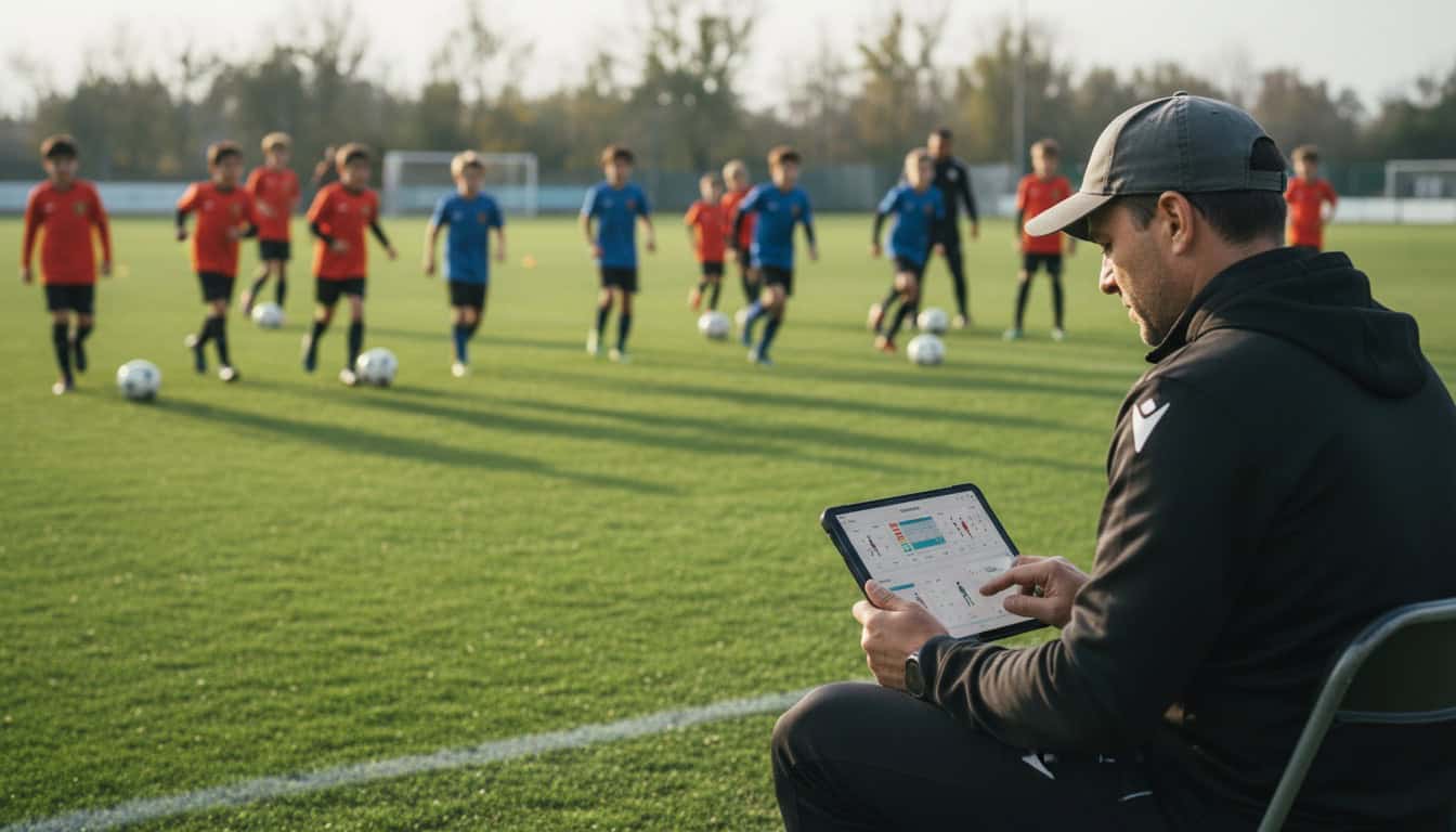 Team manager using tablet app to manage team while youth players train on grass pitch in background