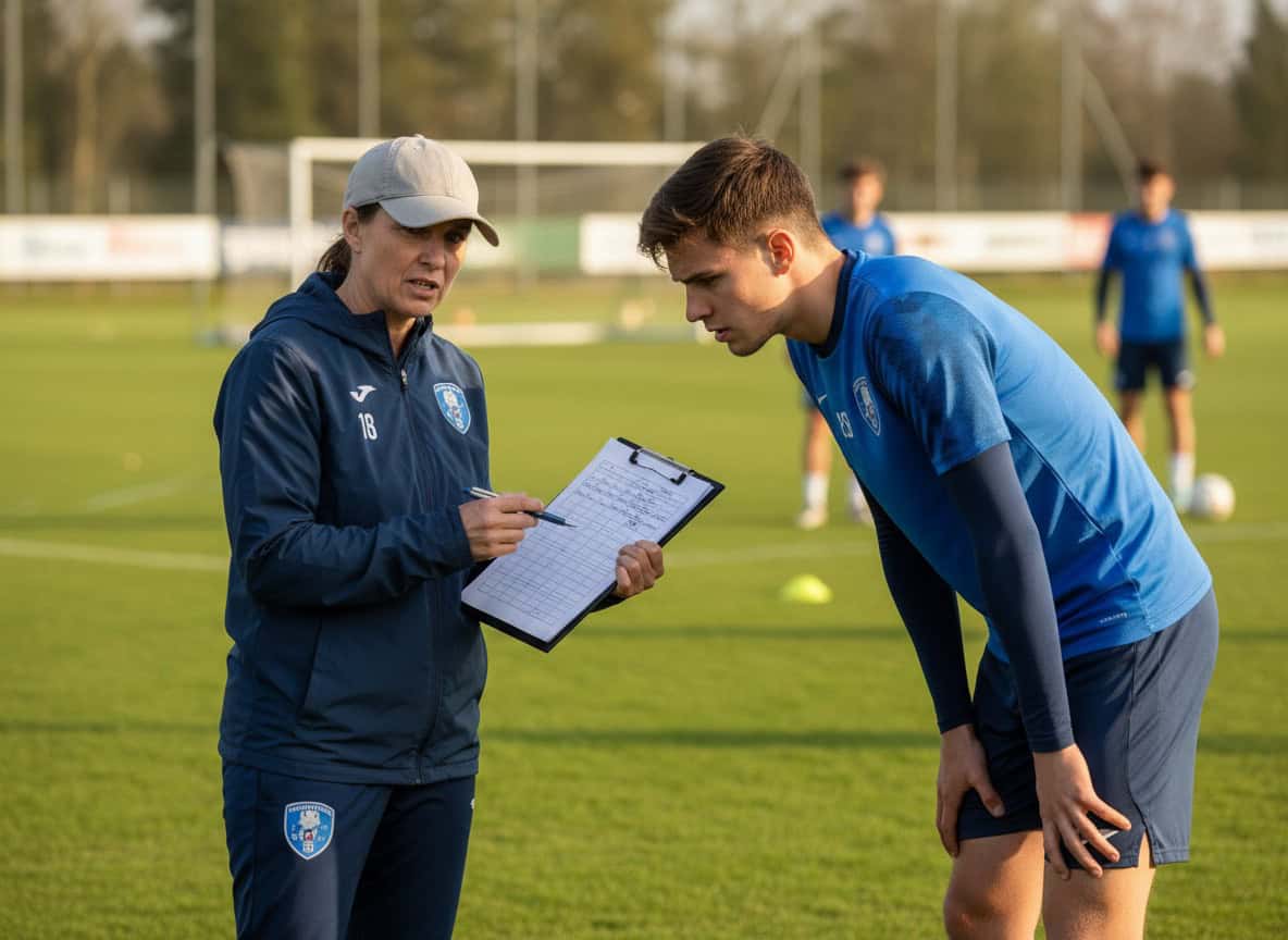 Team manager talking to player about schedule on the pitch