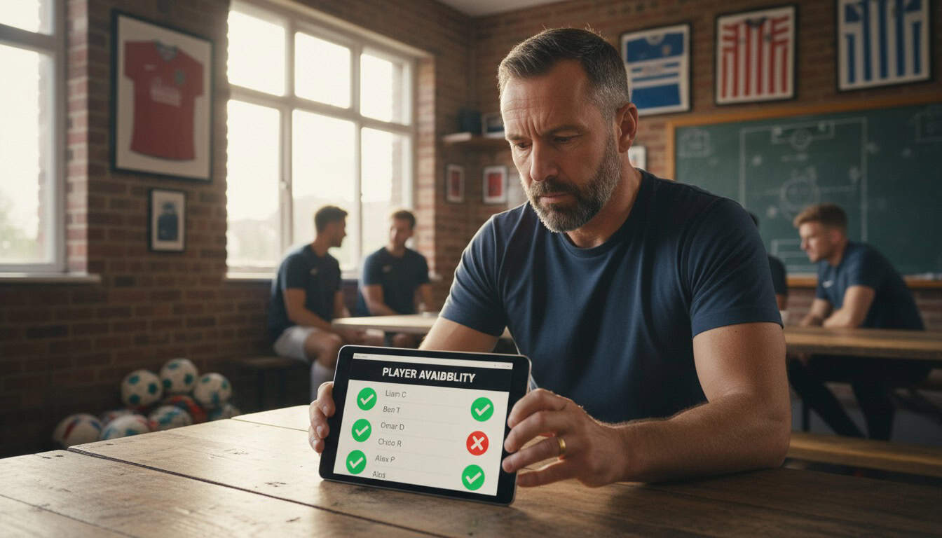 Sports team manager checking availability responses on tablet in clubhouse