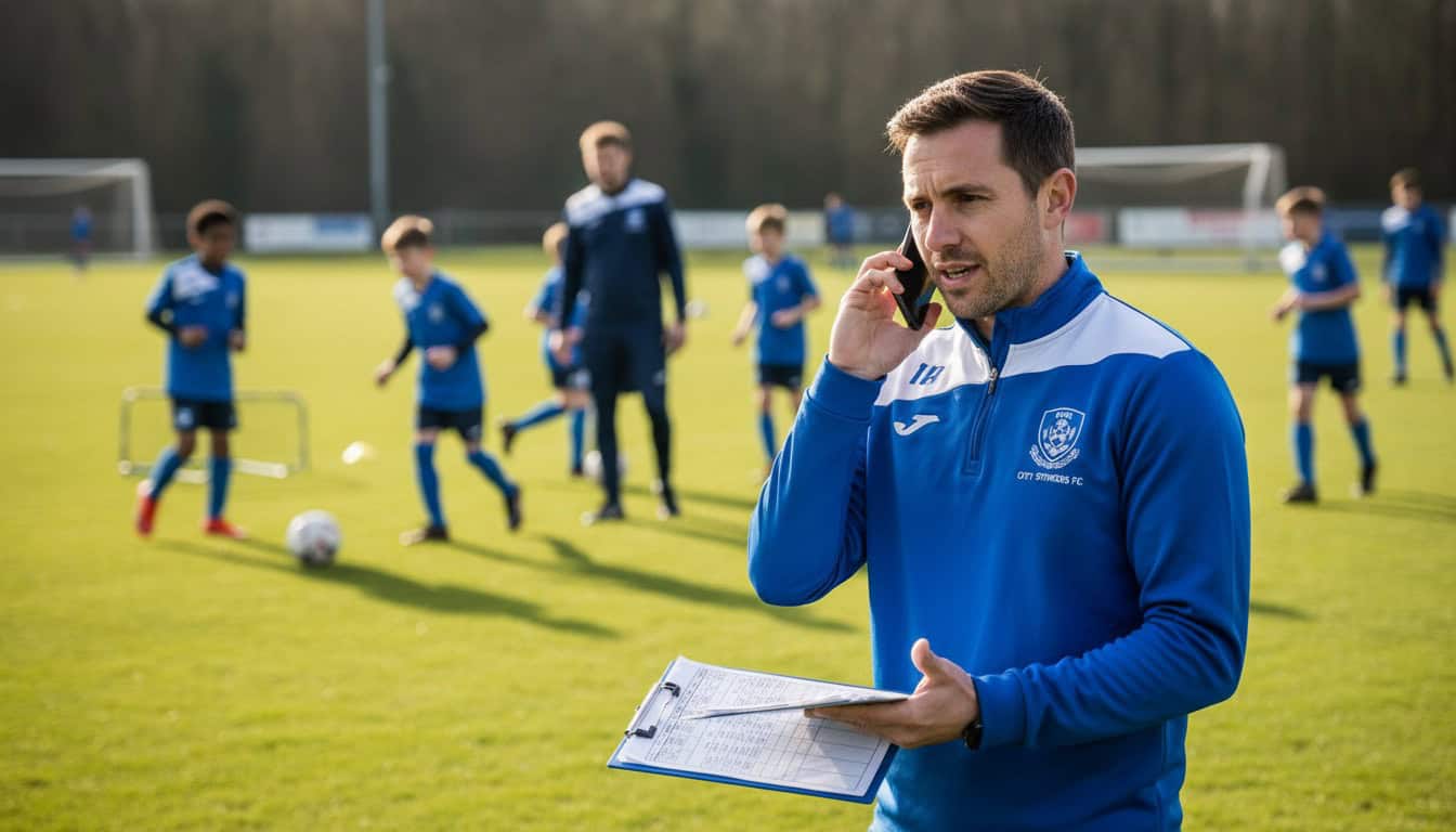 Football coach on phone confirming match details with clipboard