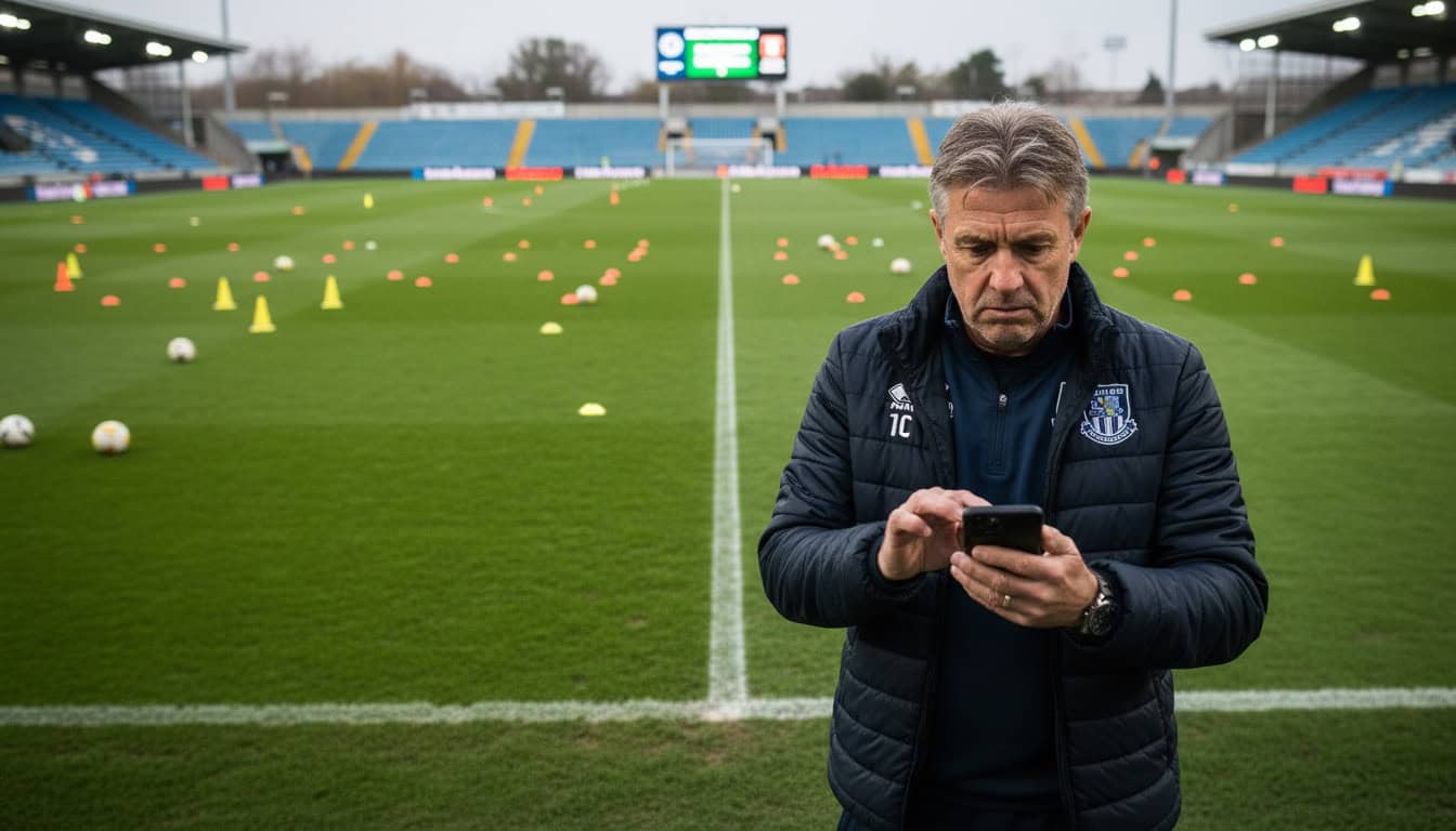 Football manager checking phone for match cancellation message on empty pitch