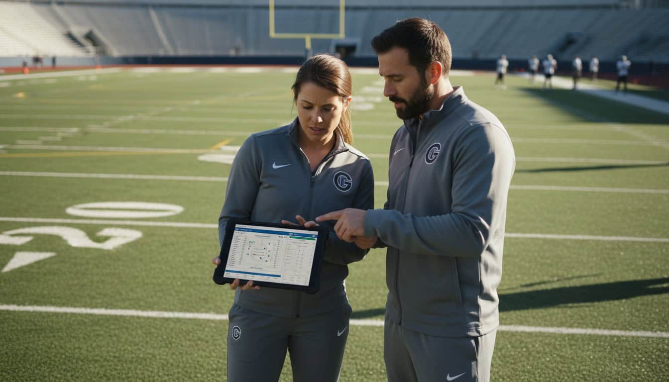 Two football coaches looking at tablet comparing team profiles