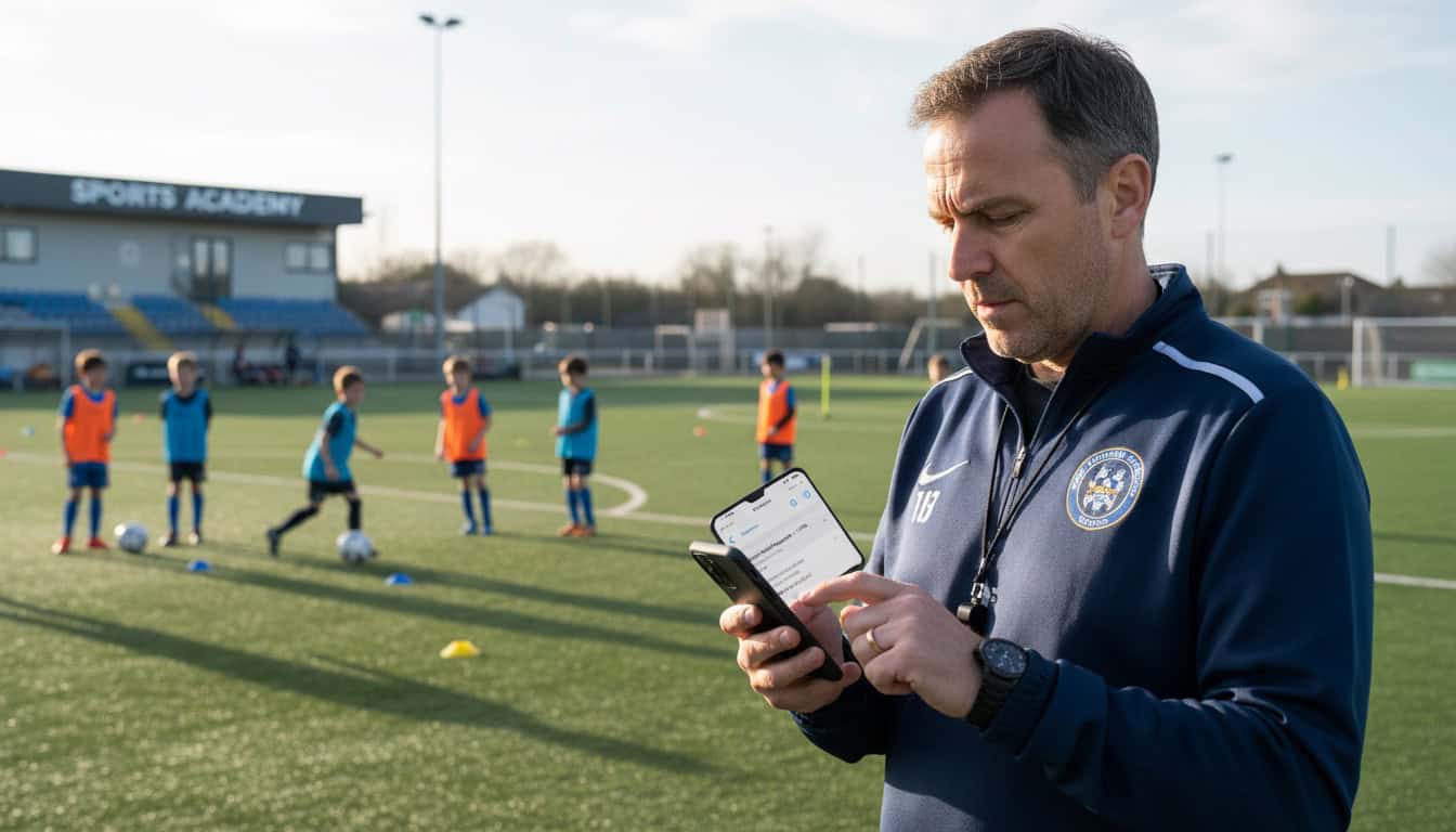 Team manager using smartphone to send match request with youth team in background