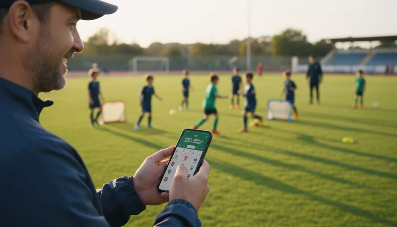 Team manager using match-finding app on smartphone with youth players training in background