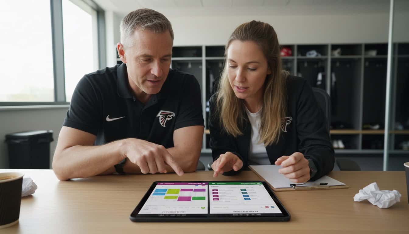 Coach showing team scheduling app to assistant coach on tablet