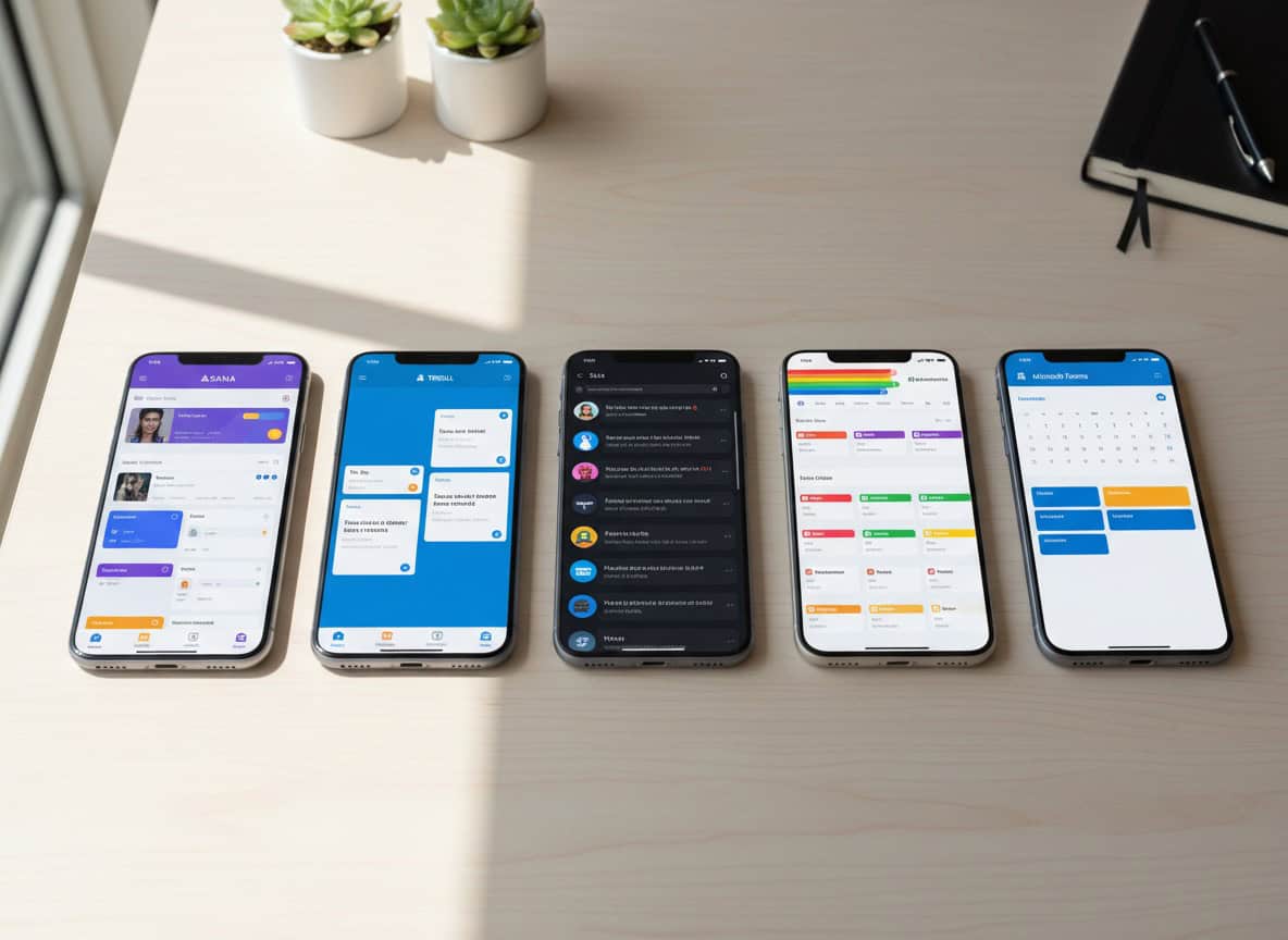 Multiple smartphones showing different team management apps side by side