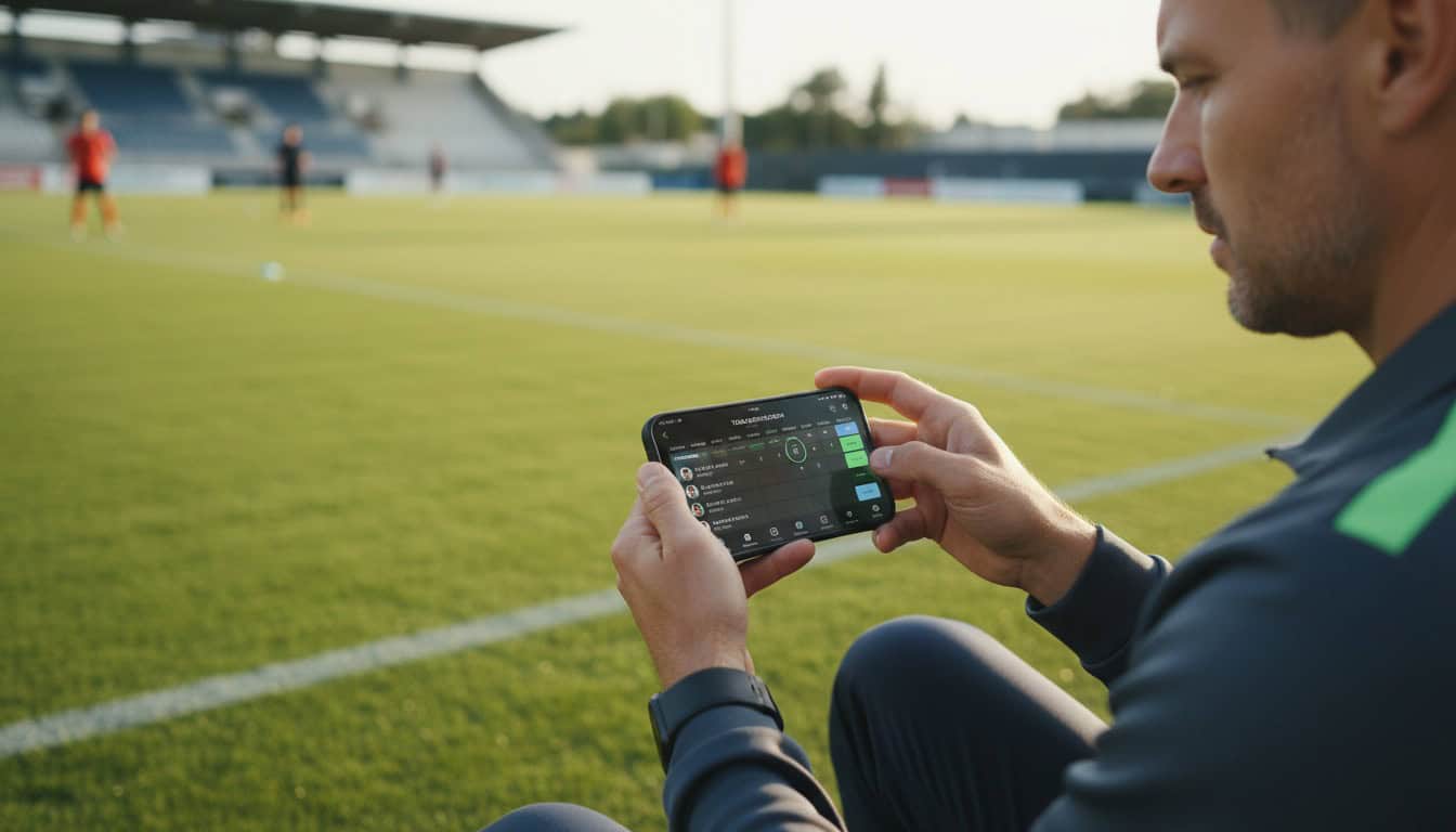 Team manager using scheduling app on smartphone showing match calendar