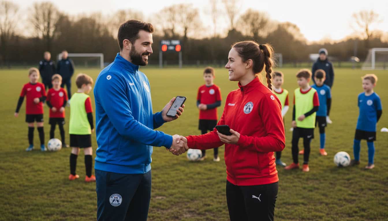 Two coaches exchanging contact information at pitch side after agreeing a fixture
