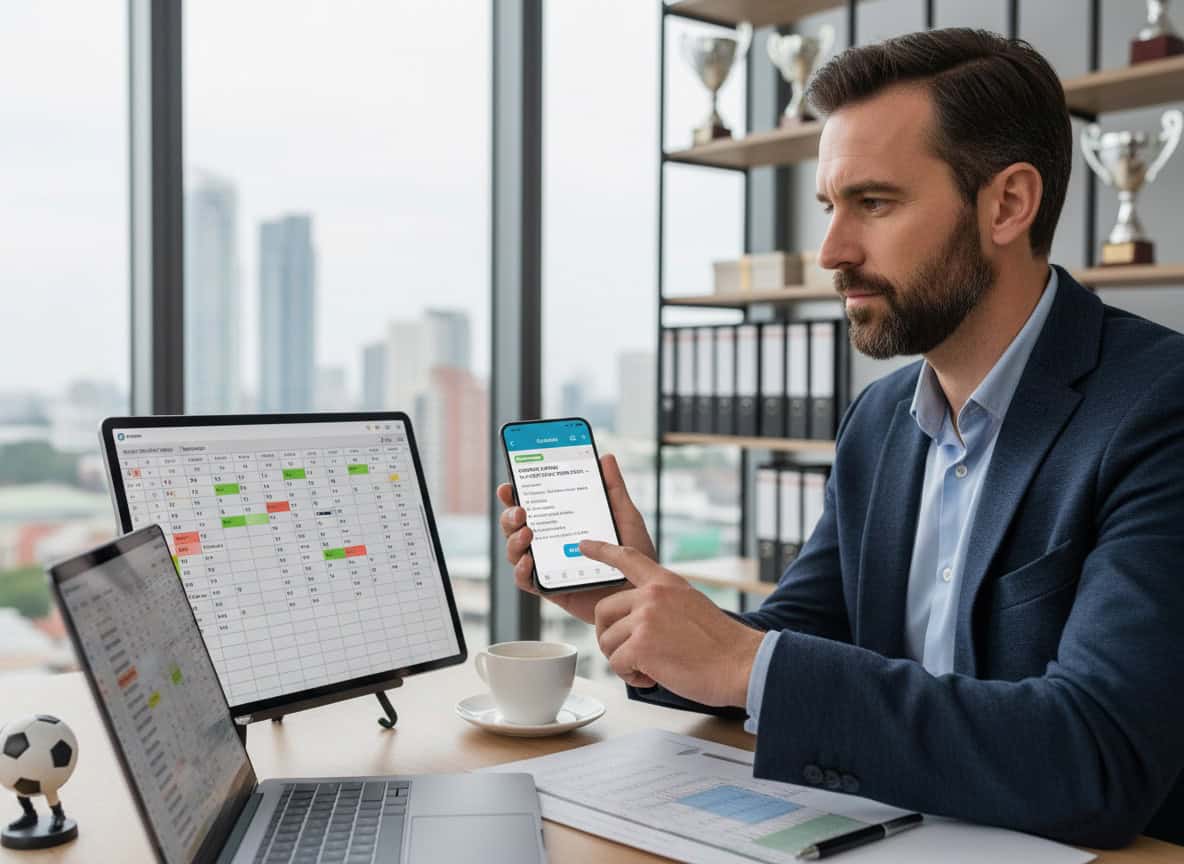Manager sending confirmation message on smartphone with match details visible