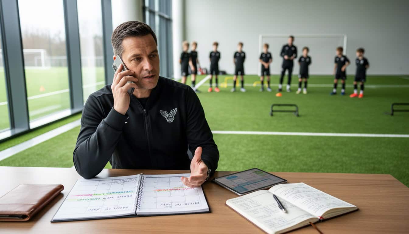 Team manager on phone confirming match details with calendar and notes