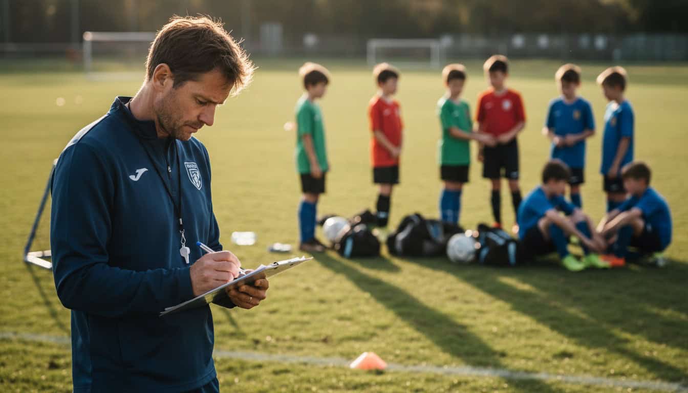 Football coach writing follow-up notes after match