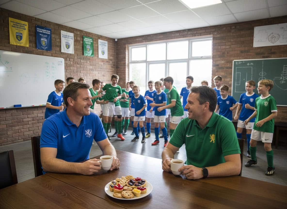 Team managers having friendly conversation after youth match