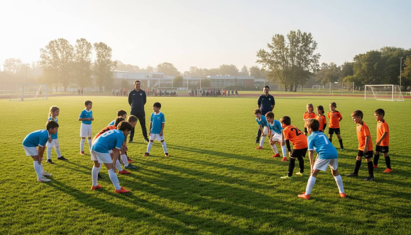 Youth football teams warming up together on grass pitch