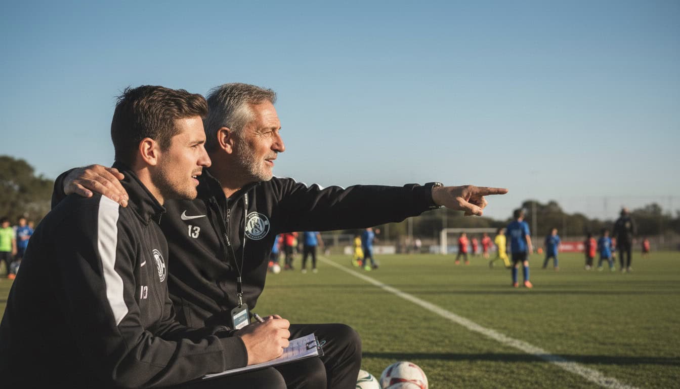 First-time coach receiving guidance from experienced mentor on sideline