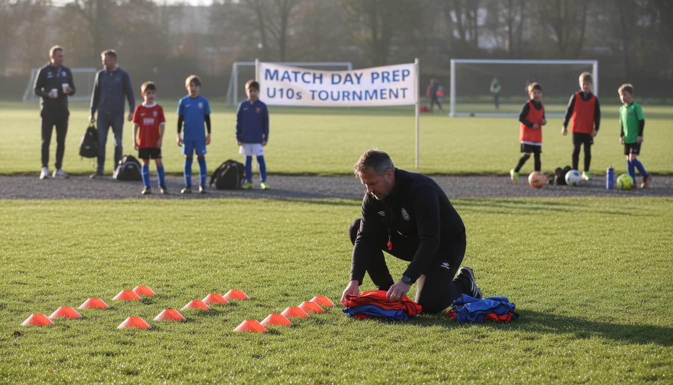 Team manager setting up cones and bibs on grass pitch for match day preparation