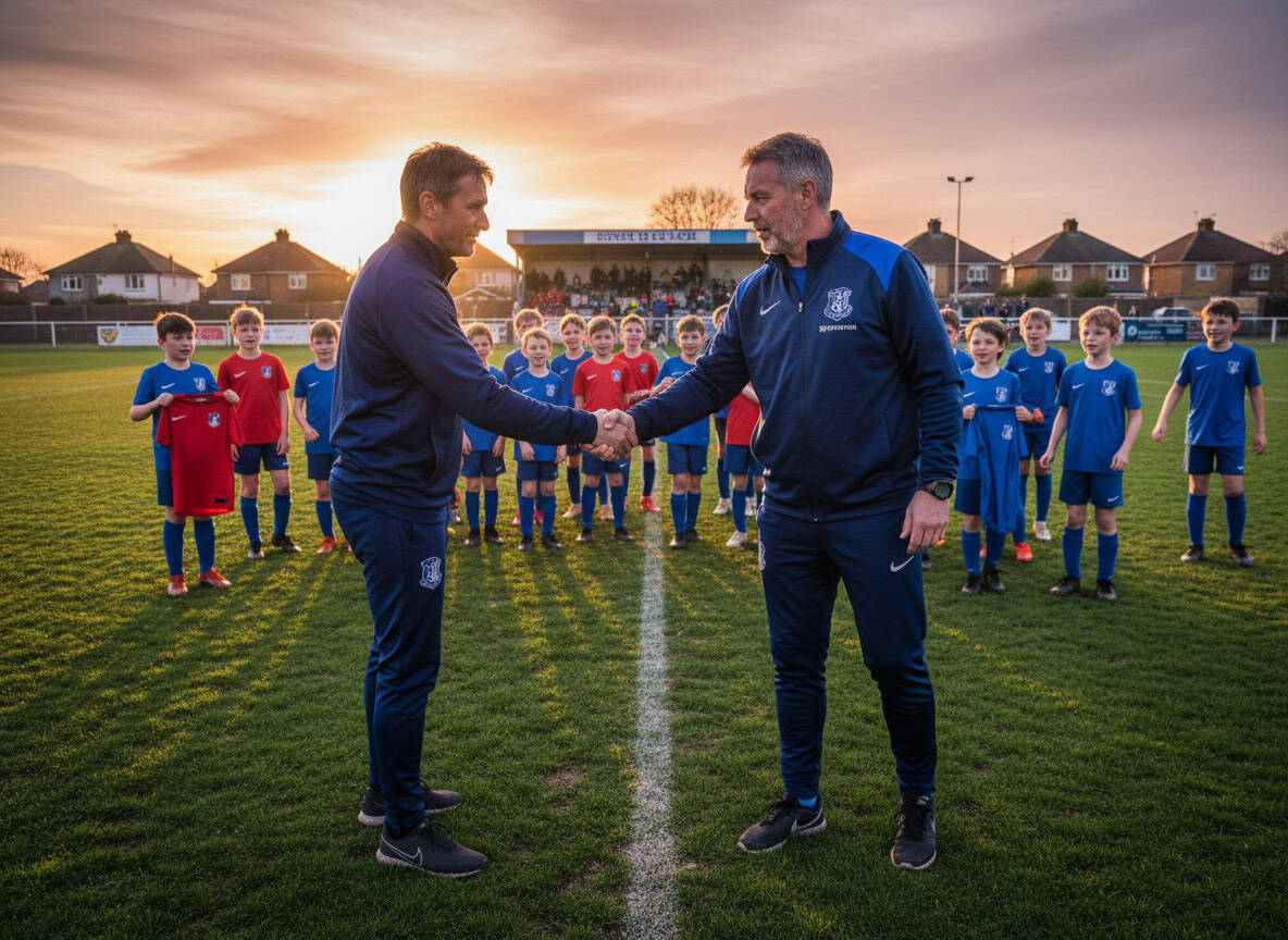 Two football coaches shaking hands after youth friendly match