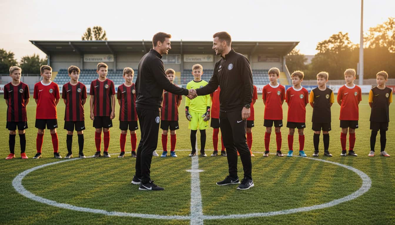 Two youth team coaches shaking hands at center circle before friendly match