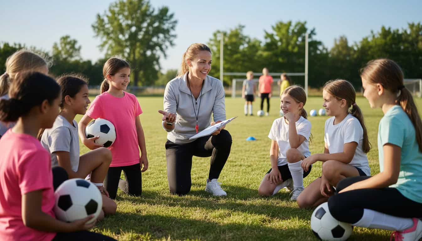 Female football coach giving encouraging instructions to young girl players during training