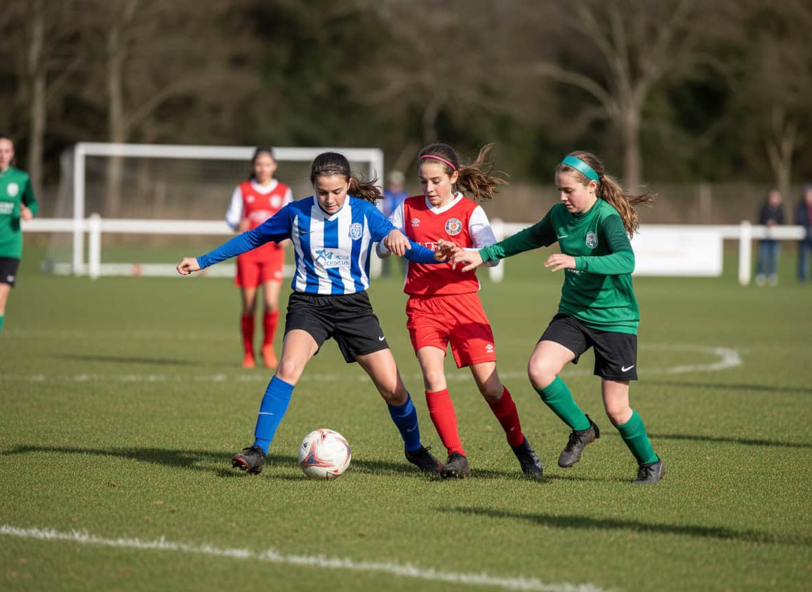 Girls youth football match with players competing for the ball