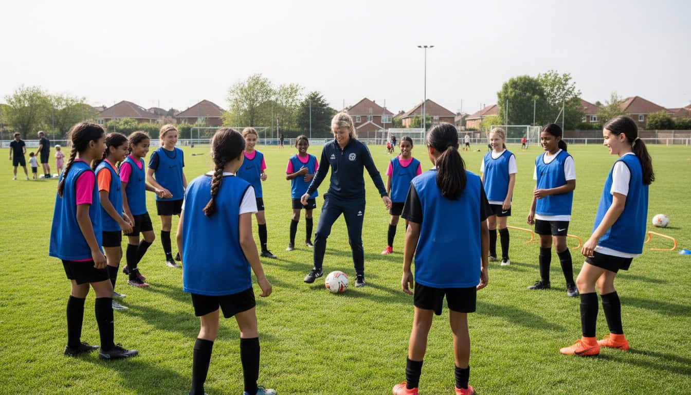 Girls youth football team training together on grass pitch with female coach