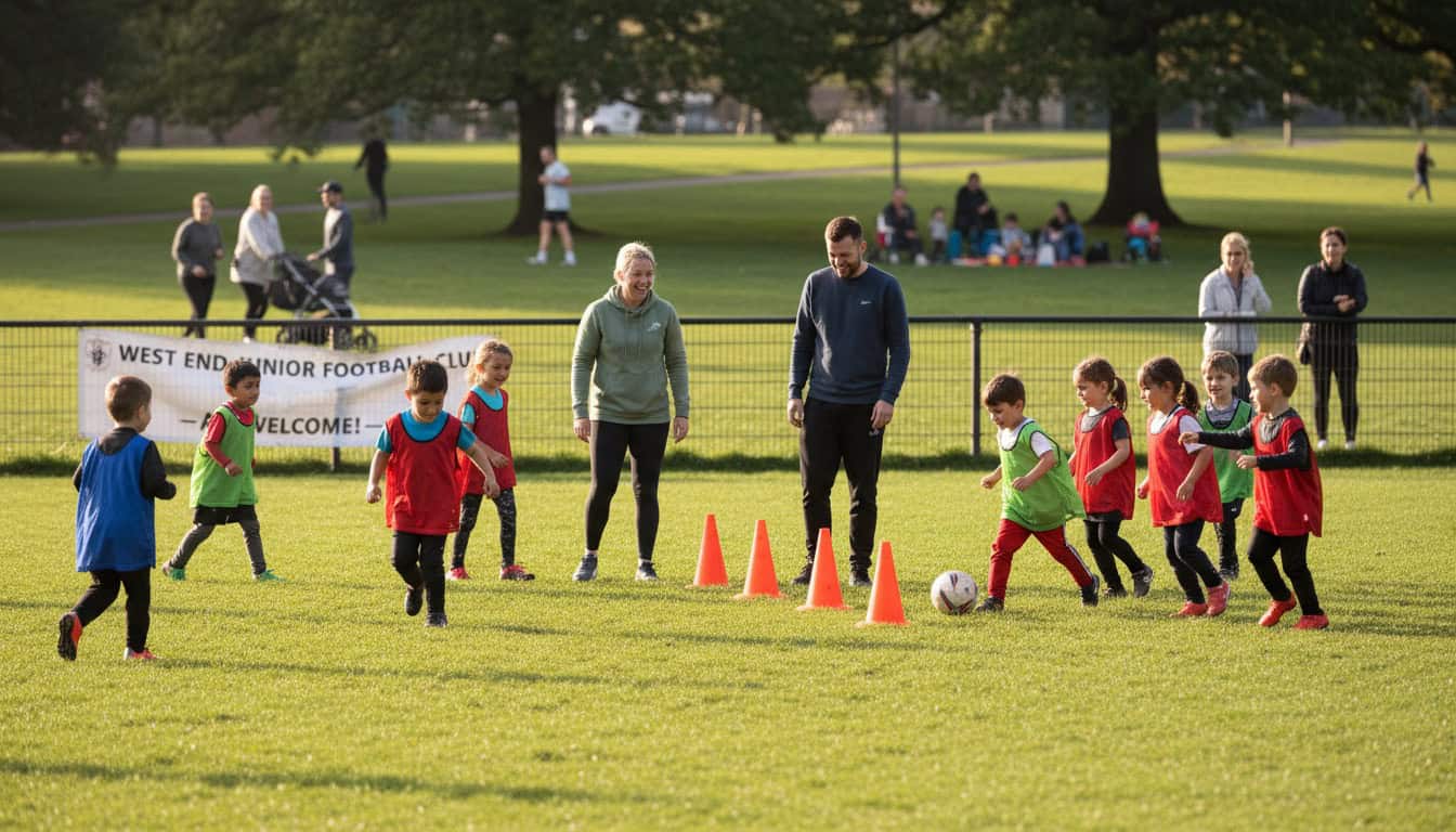 Community grassroots football training session with young children on park pitch