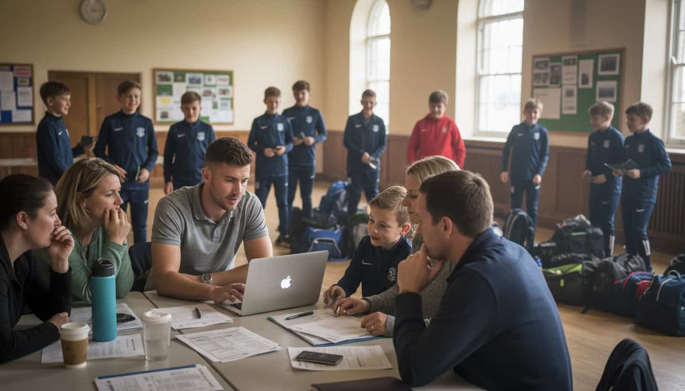 Football coach reviewing tour itinerary with parents and players