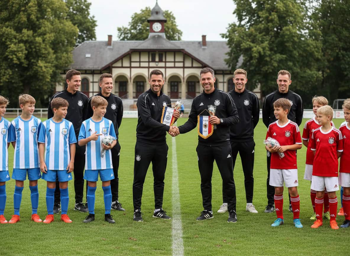 Youth football teams from different countries exchanging pennants after international friendly