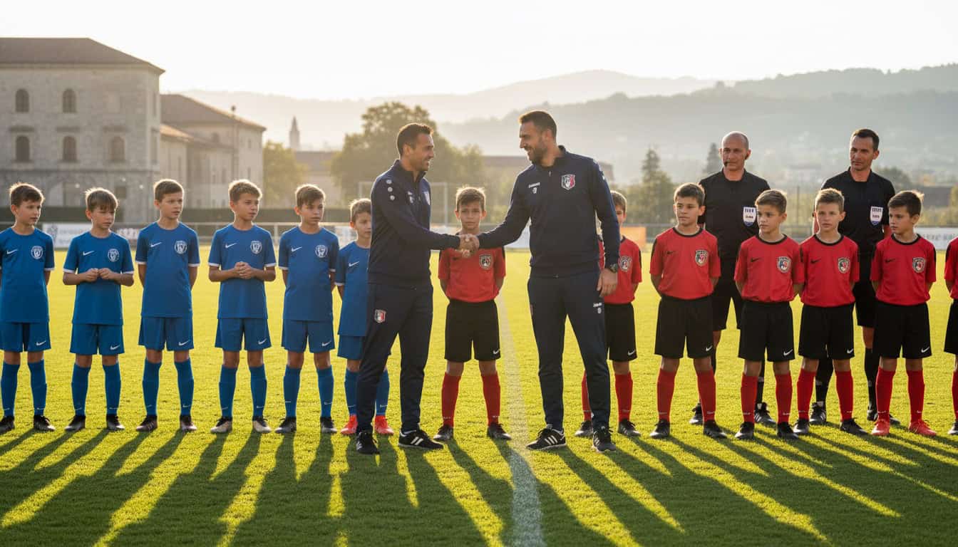 Youth football teams from different countries meeting before international friendly match