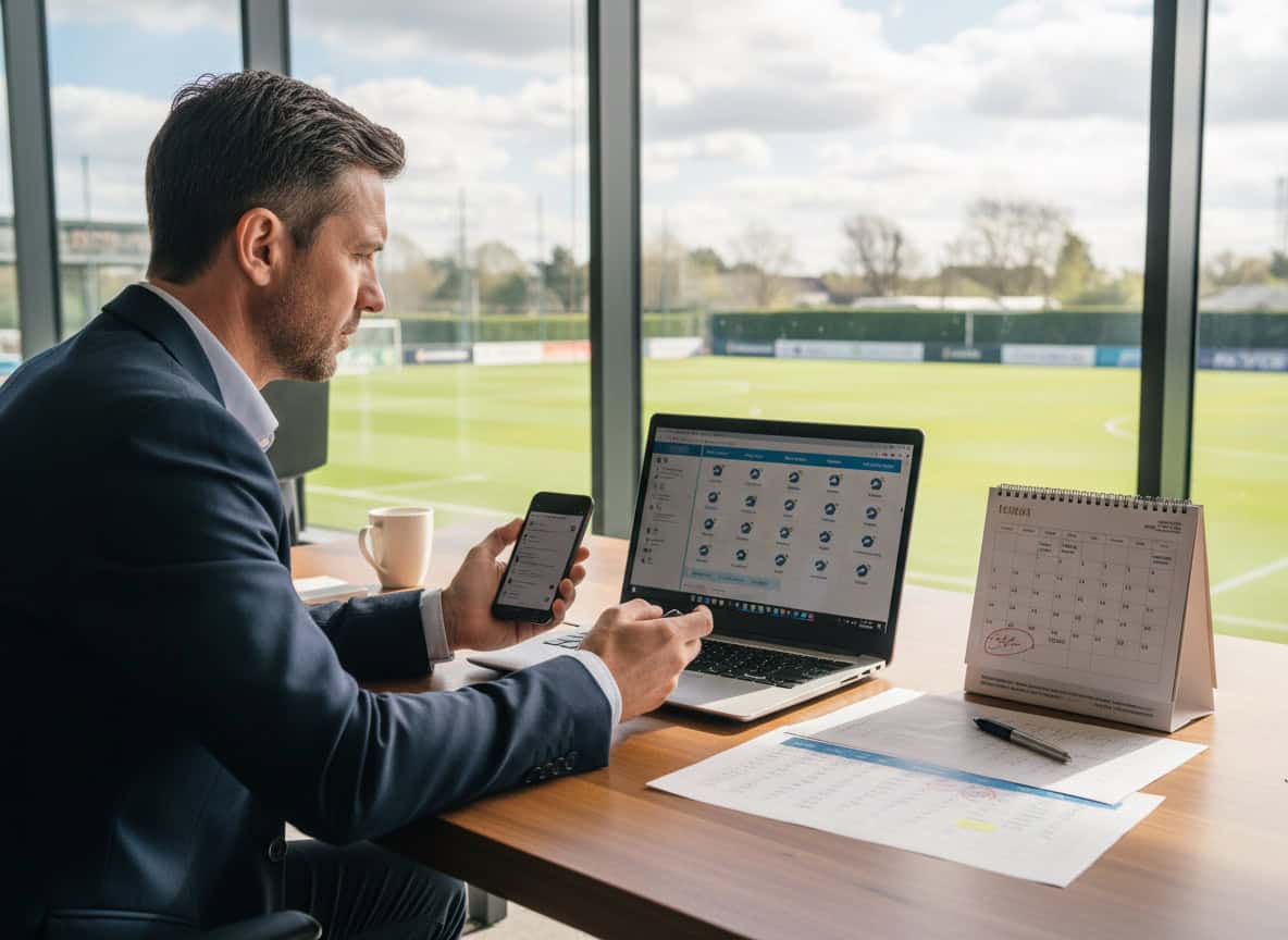 Team manager checking weather forecast and schedule on laptop