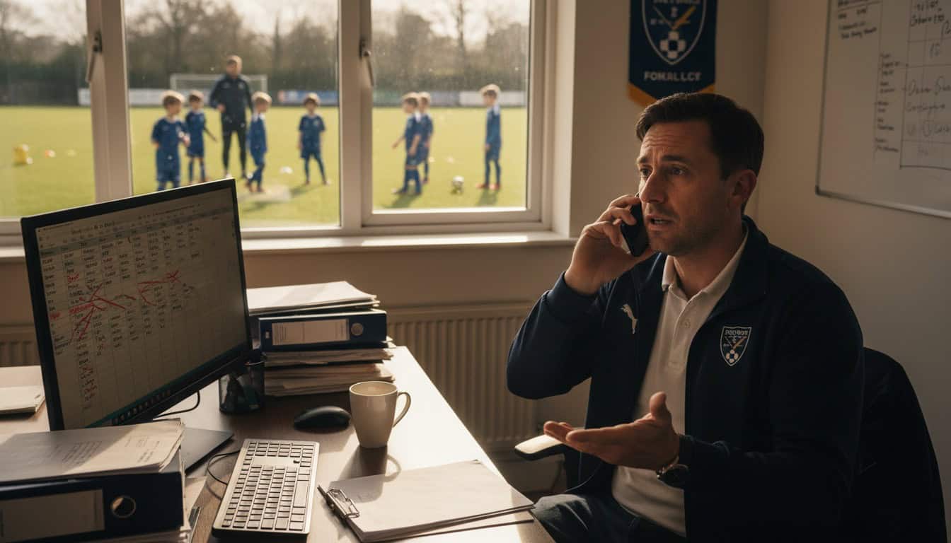 Team manager urgently handling schedule changes with phone and computer