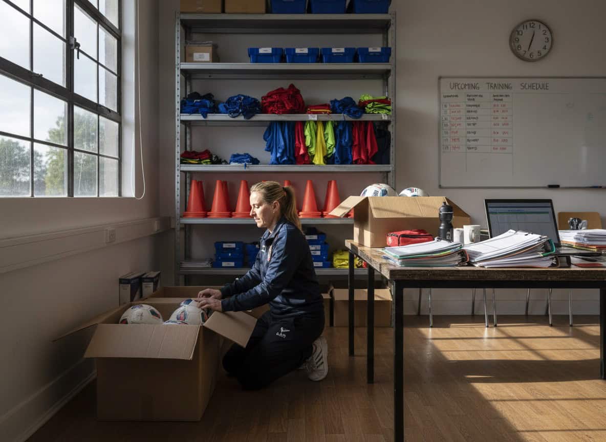 Manager organizing equipment and paperwork in team storage area
