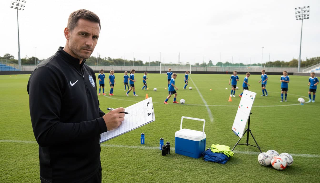 Football team manager with clipboard reviewing checklist while youth players train