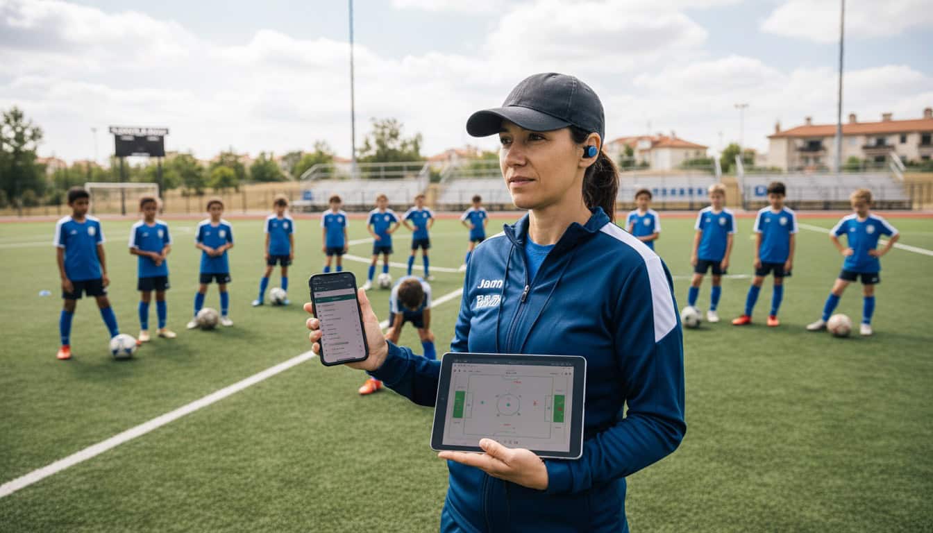 Coach using phone and tablet to coordinate youth team on community sports ground