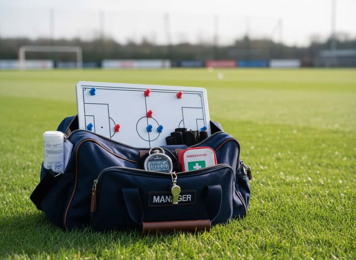 Manager's organized kit bag with essential equipment including tactics board and whistle