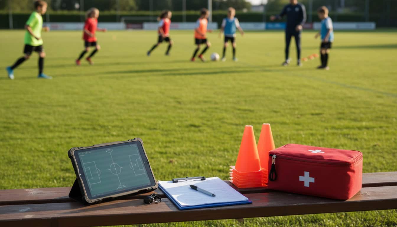Team manager with essential tools organized on sideline bench during youth training session