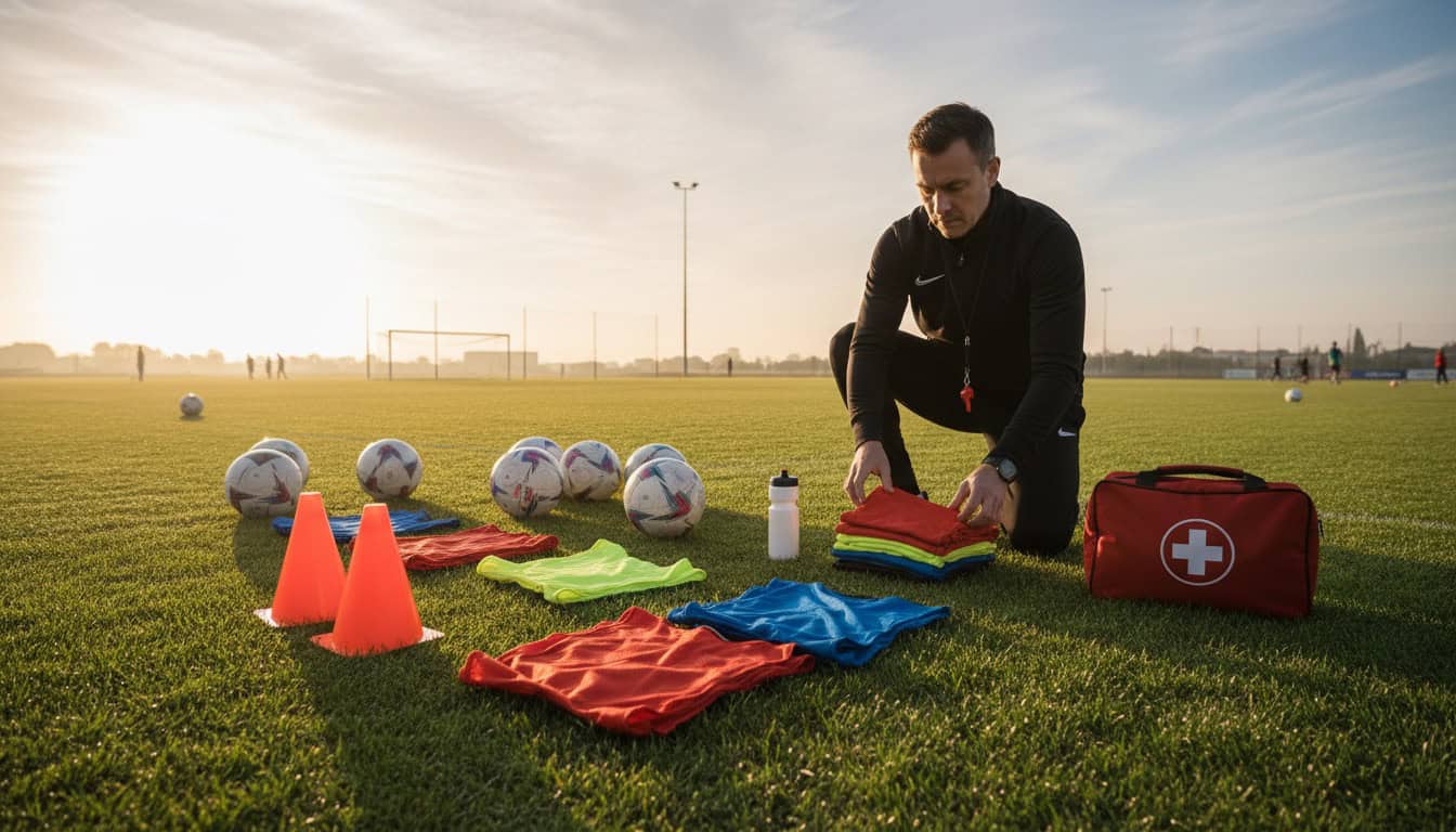 Coach laying out match equipment systematically on grass pitch sideline