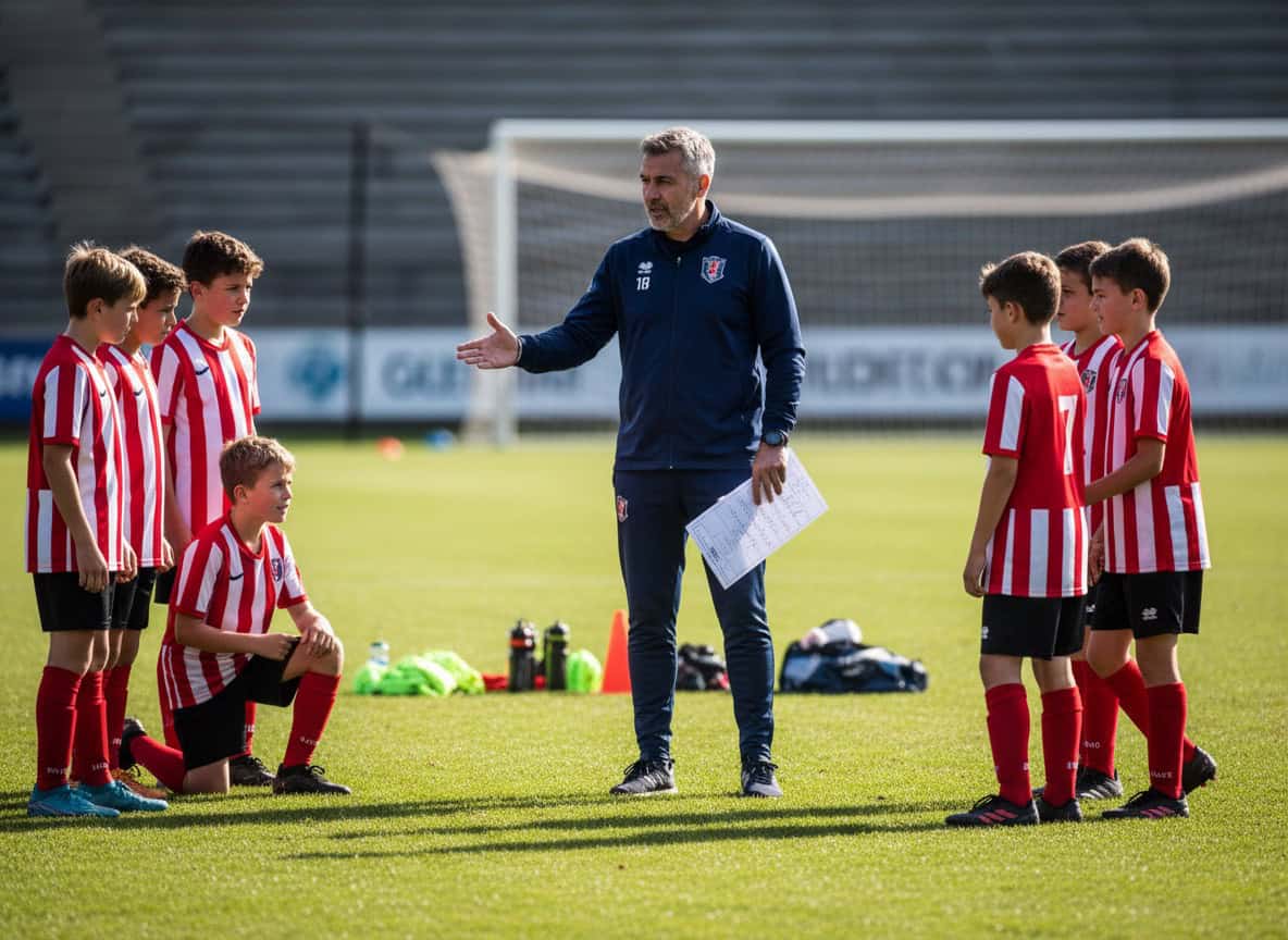 Manager briefing youth players before match with team sheet