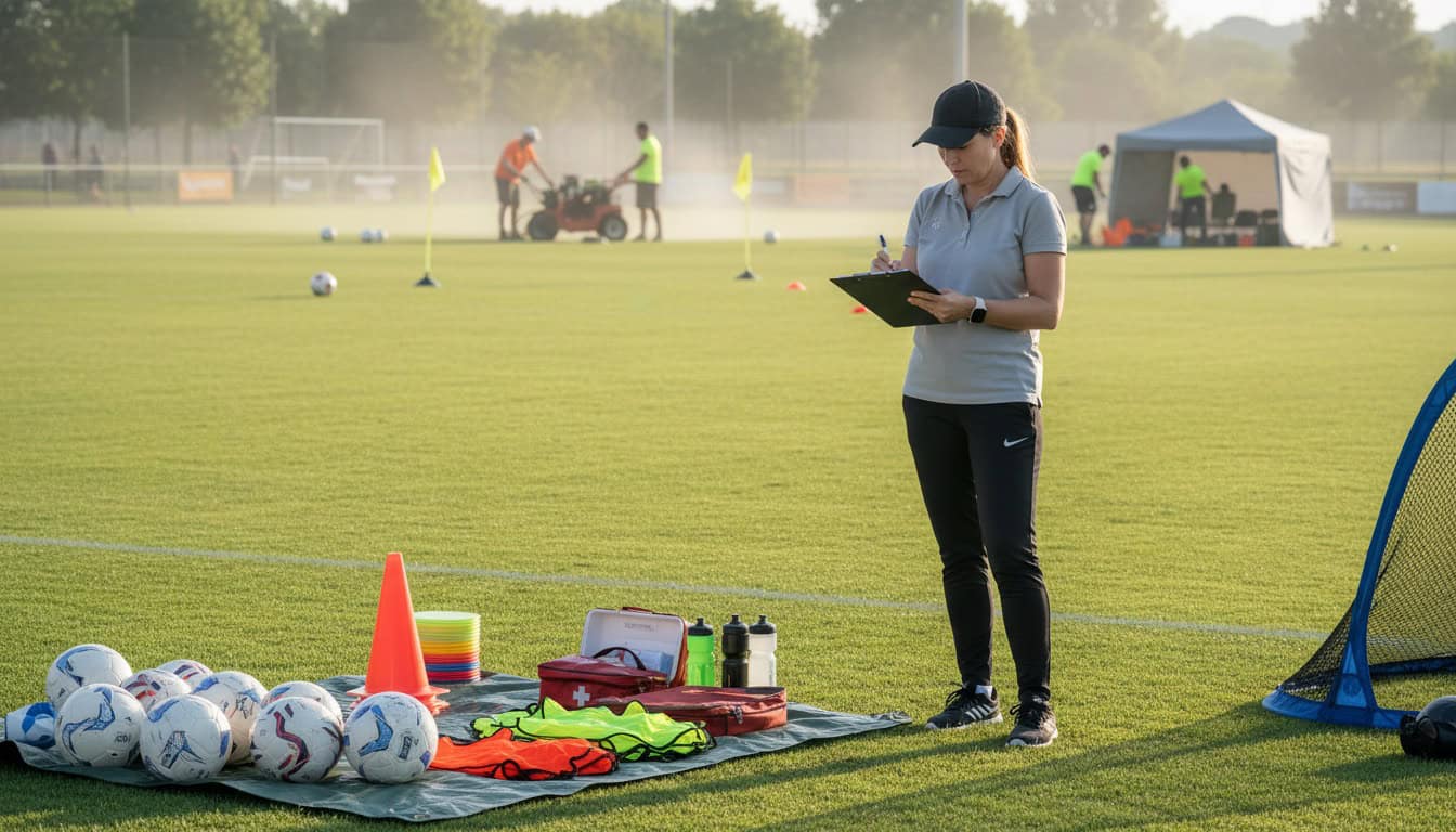 Team manager checking items off clipboard checklist before youth friendly match