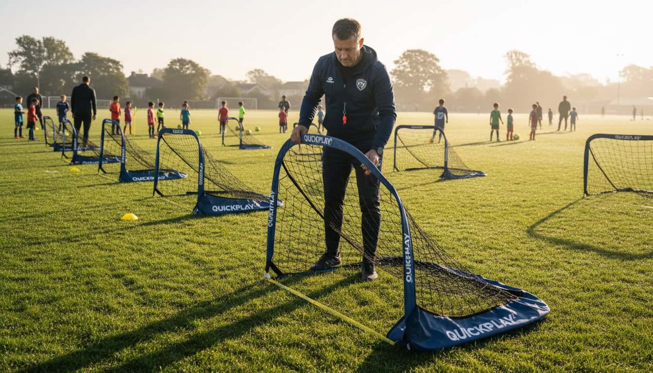 Coach setting up portable goals on grass pitch for youth match