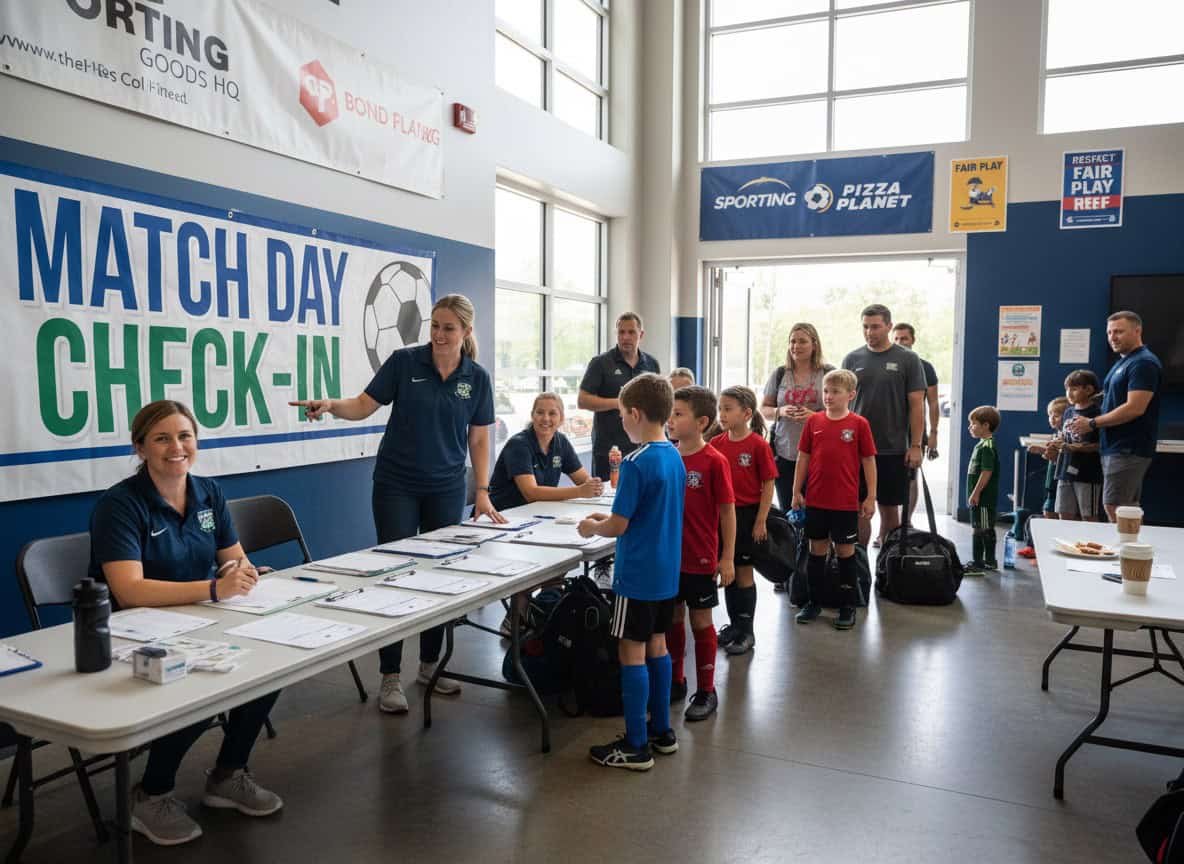 Manager organizing player check-in area with parents and youth players arriving