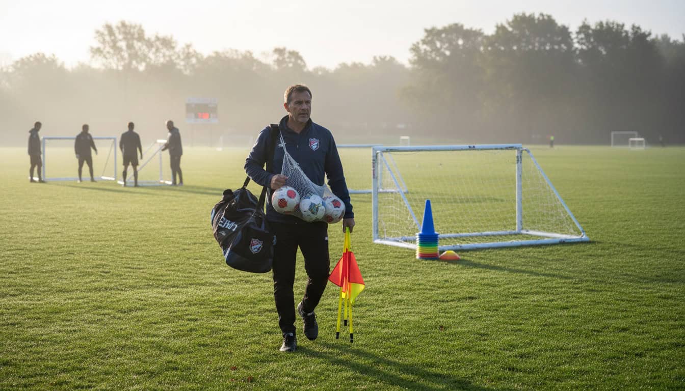 Team manager arriving early to set up pitch for youth match on match day morning