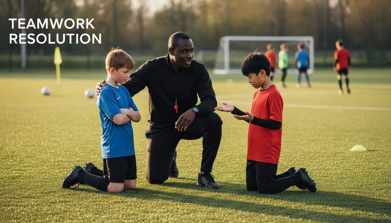 Coach mediating conversation between youth players, teaching conflict resolution