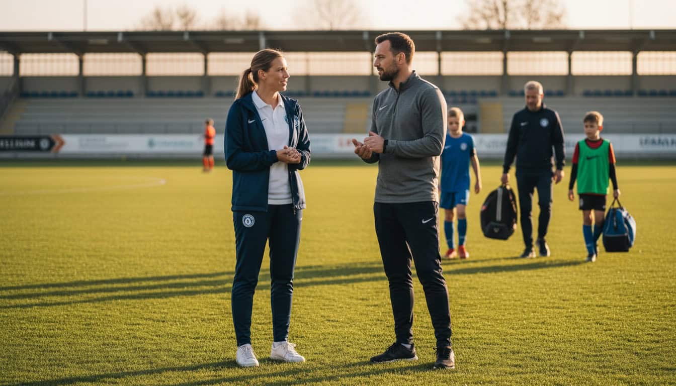 Two team managers having calm professional discussion on sideline after youth match